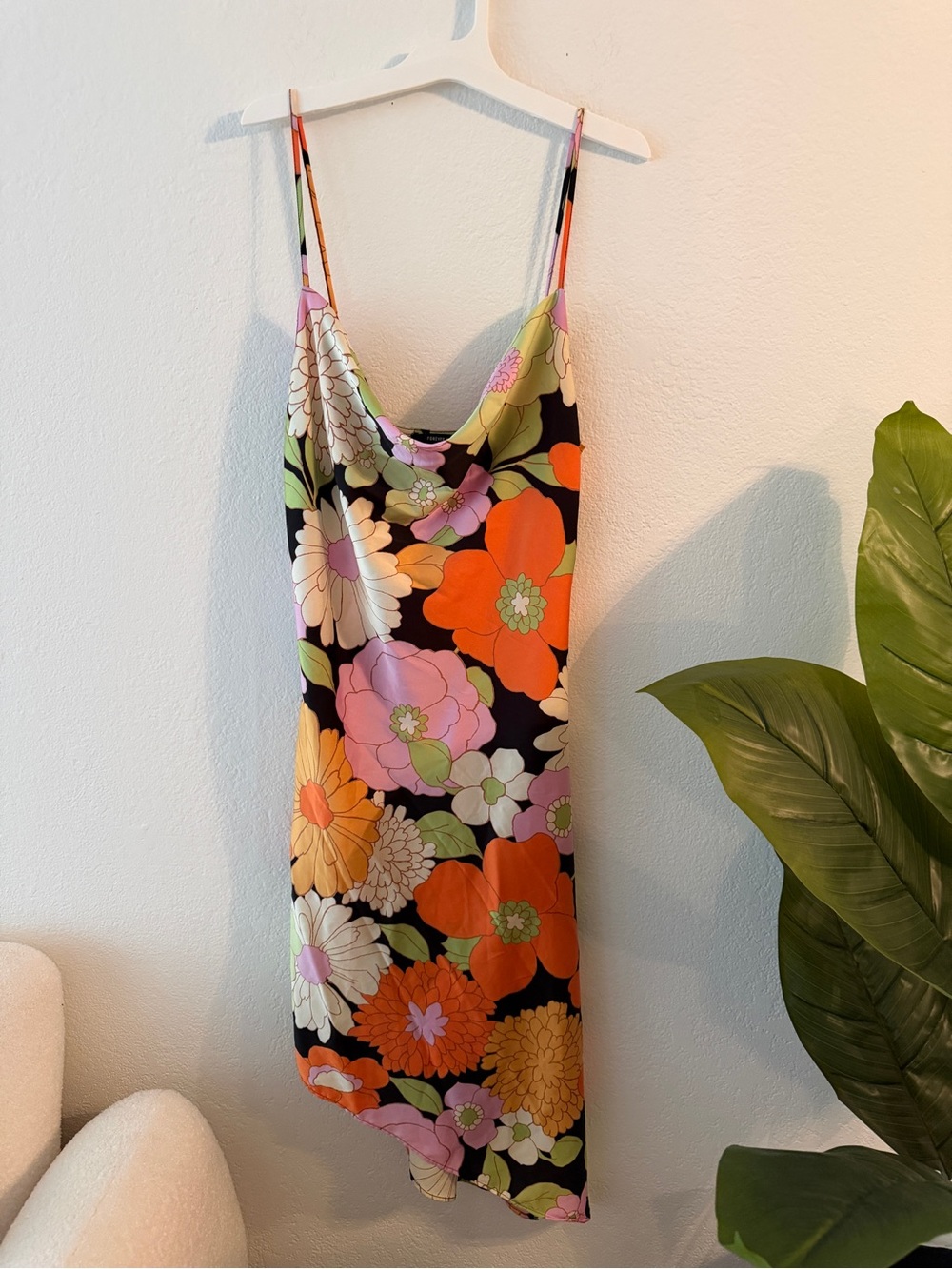 Forever 21 Black Floral Slip Midi Dress with Orange & Pink Blooms